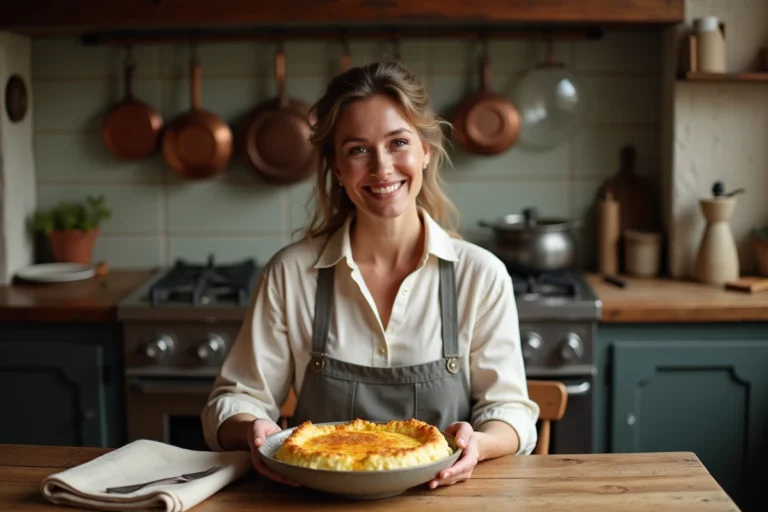 Femme souriante servant un gratin dauphinois chaud