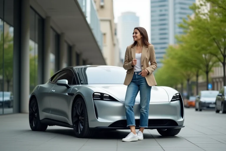 Femme moderne près d'une voiture électrique urbaine