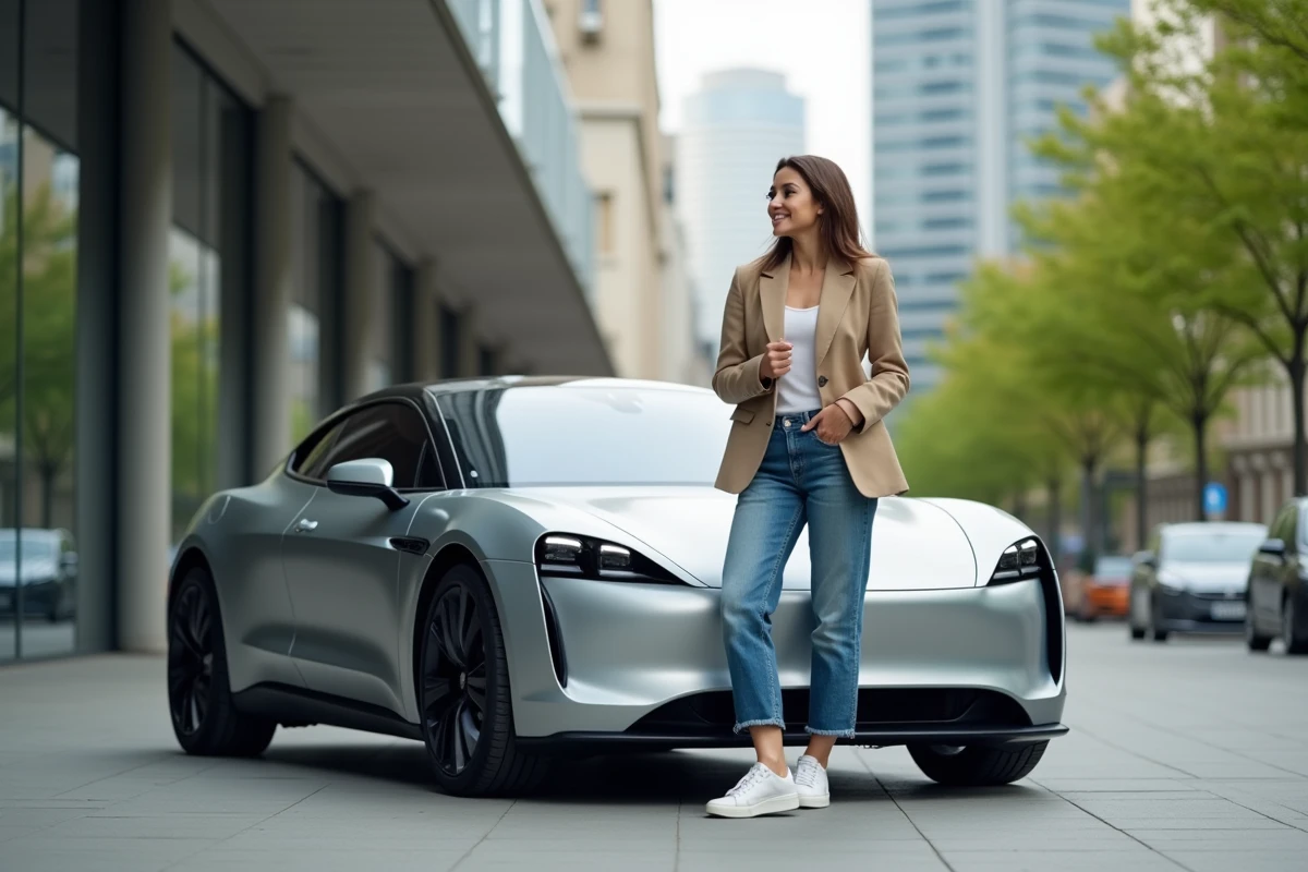 Femme moderne près d'une voiture électrique urbaine