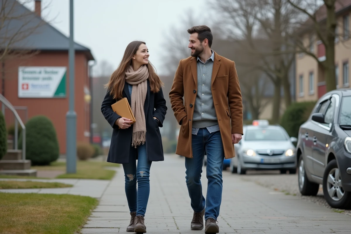 Fille et superviseur marchant devant l école de conduite
