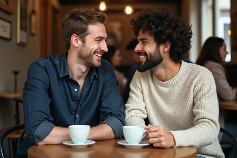 Deux hommes en couple souriants attablés dans un café parisien chaleureux, illustrant la vie privée de Florian Tardif
