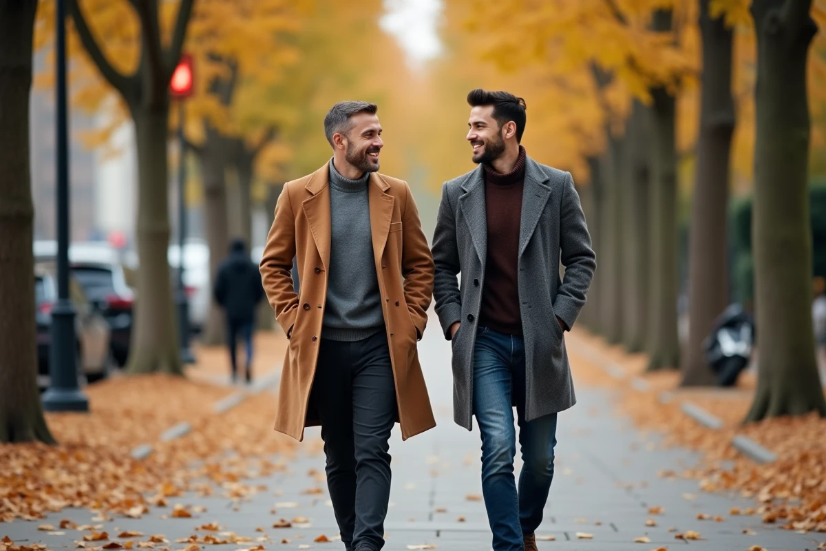 Deux hommes en couple se promenant sur un boulevard parisien en automne, évoquant la vie sentimentale de Florian Tardif