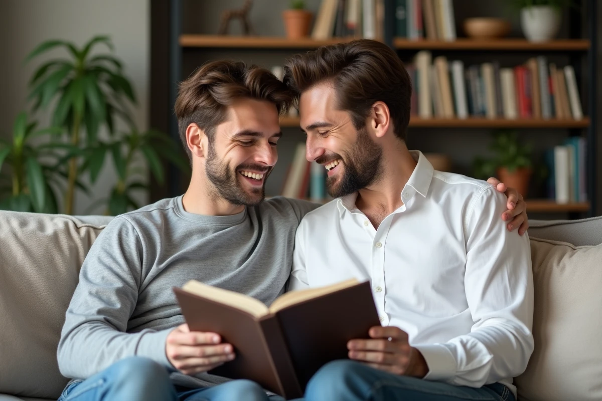 Deux hommes en couple détendus dans leur appartement parisien moderne, illustration de la vie privée et du partenaire de Florian Tardif