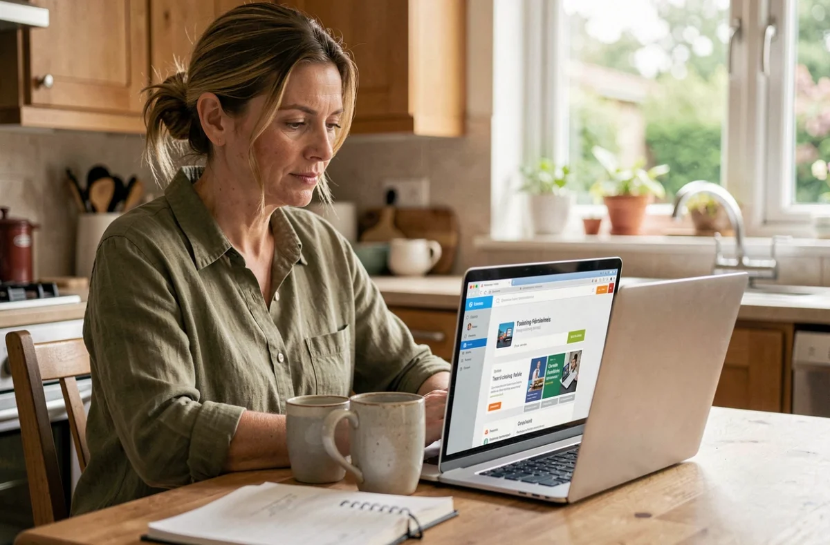 Femme à domicile consultant une plateforme de formation en ligne sur son ordinateur portable avec un agenda ouvert