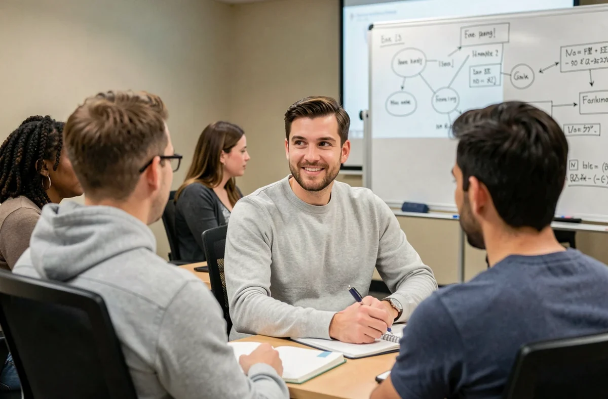 Homme participant à un atelier de formation professionnelle en salle de conférence avec un groupe de professionnels adultes