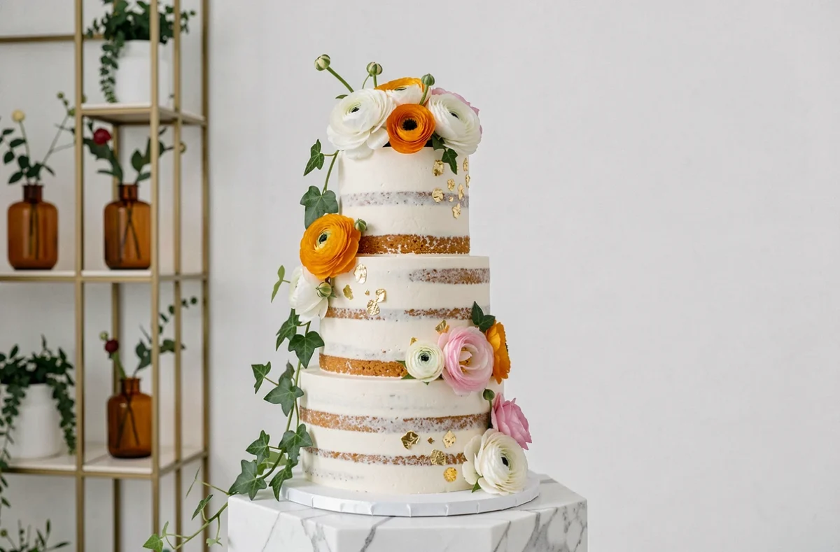 Pièce montée de mariage tendance en style naked cake décorée de fleurs fraîches et feuilles d'or sur un socle en marbre