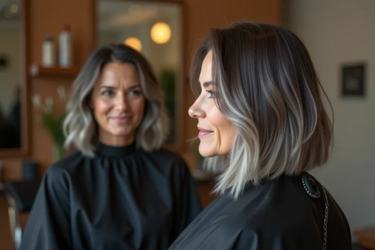 Femme de 48 ans en salon de coiffure avec un grey blending sur cheveux bruns, mèches argentées naturellement intégrées aux racines