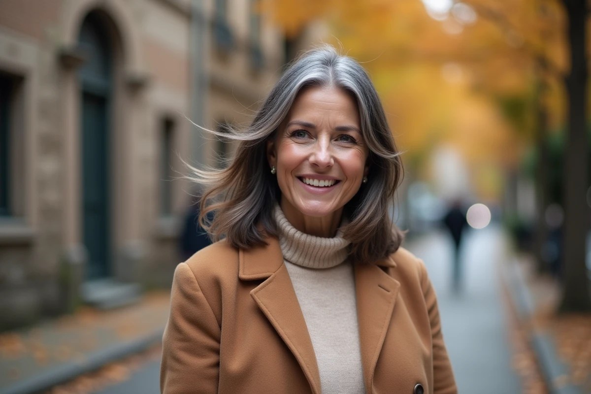 Frau von 50 Jahren in einer Straße im Herbst mit einem natürlichen Grey Blending auf schulterlangen braunen Haaren, eleganter grauer Übergang von den Schläfen