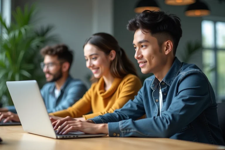 Trois jeunes adultes au bureau avec laptops modernes