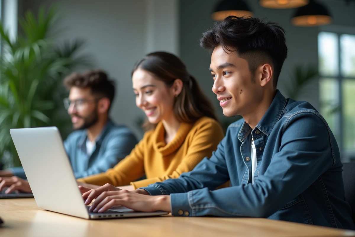 Trois jeunes adultes au bureau avec laptops modernes