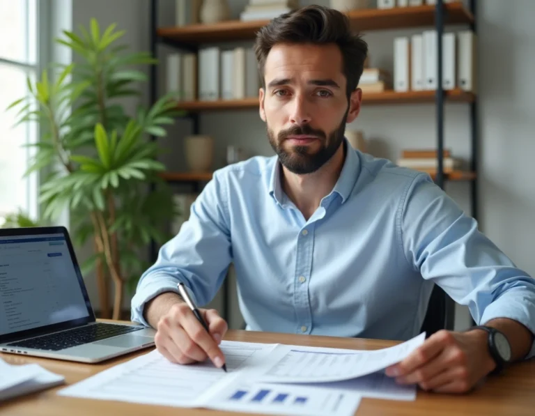 Homme analysant des documents de prêt immobilier à son bureau pour optimiser son taux de crédit