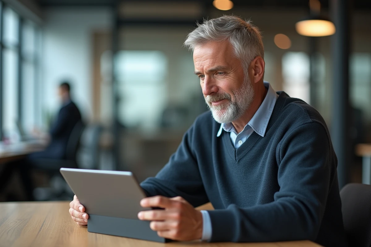 Homme en coworking utilisant une tablette pour support en ligne