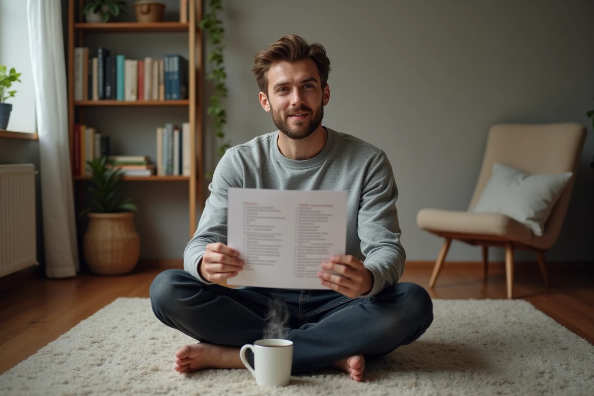 Homme détendu lisant un questionnaire de personnalité chez lui, souriant en découvrant des faits intéressants sur lui-même