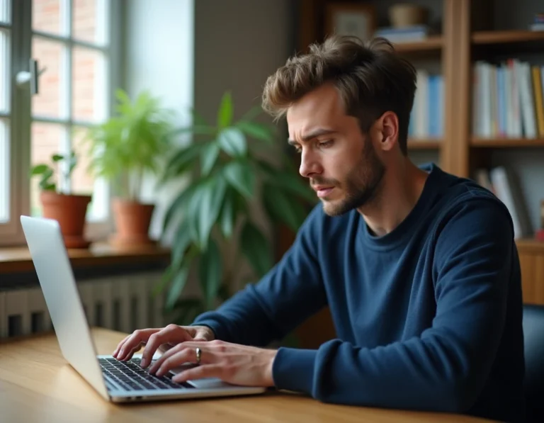 Homme cherchant l'adresse mise à jour d'un site indisponible sur son ordinateur portable