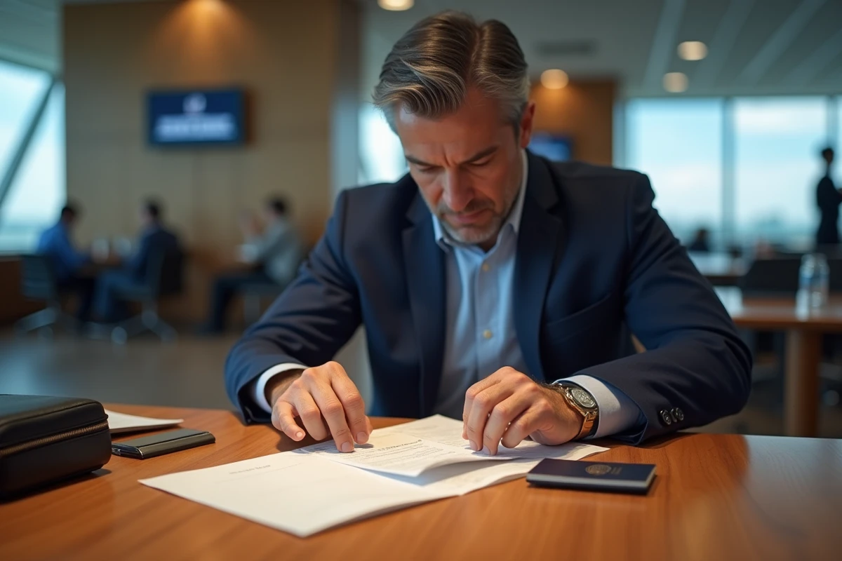 Homme organisant documents de voyage à l