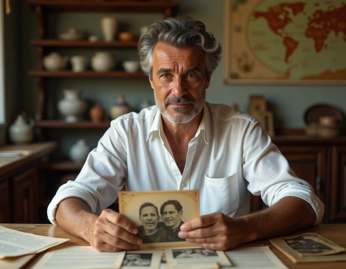 Homme tenant une photographie ancienne de ses parents immigrés, entouré de souvenirs familiaux culturels