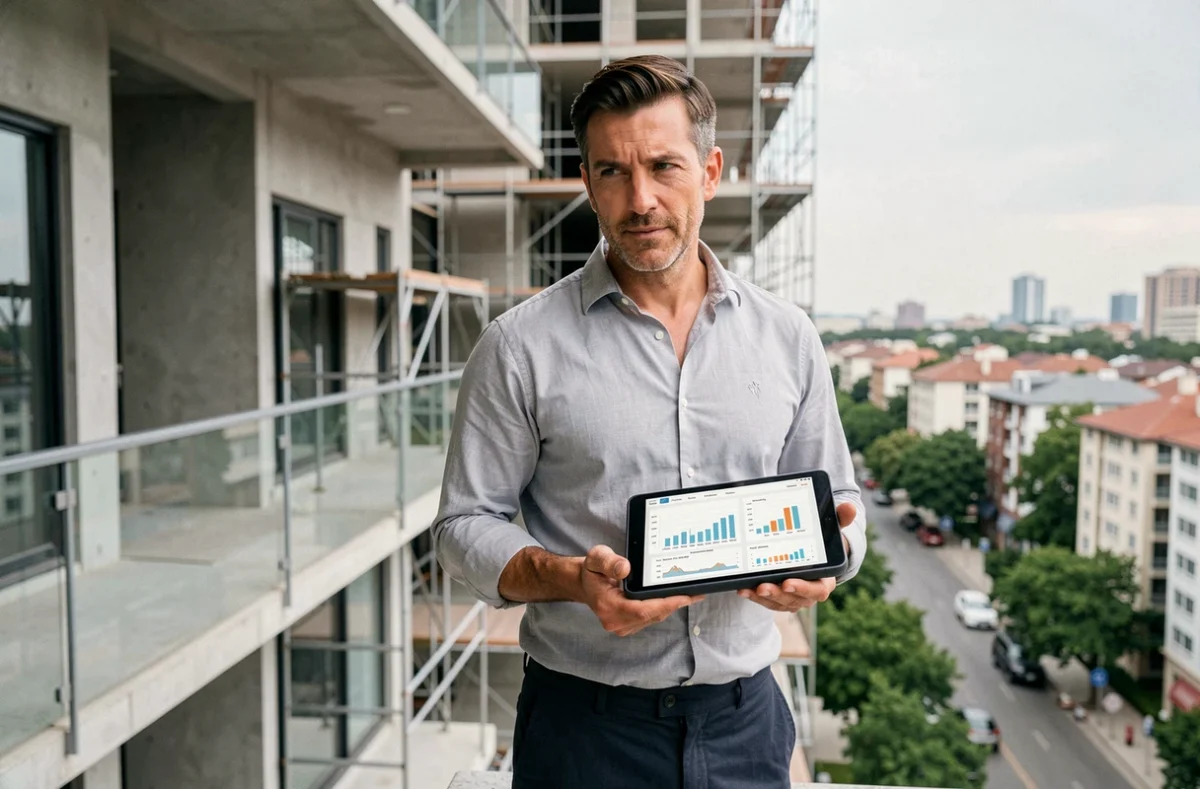 Investisseur immobilier analysant des données de valorisation sur tablette depuis le chantier d'un immeuble résidentiel en construction