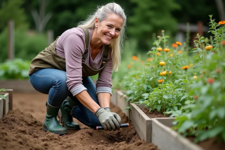 Femme en vêtements de jardinage utilisant une grelinette dans un jardin luxuriant