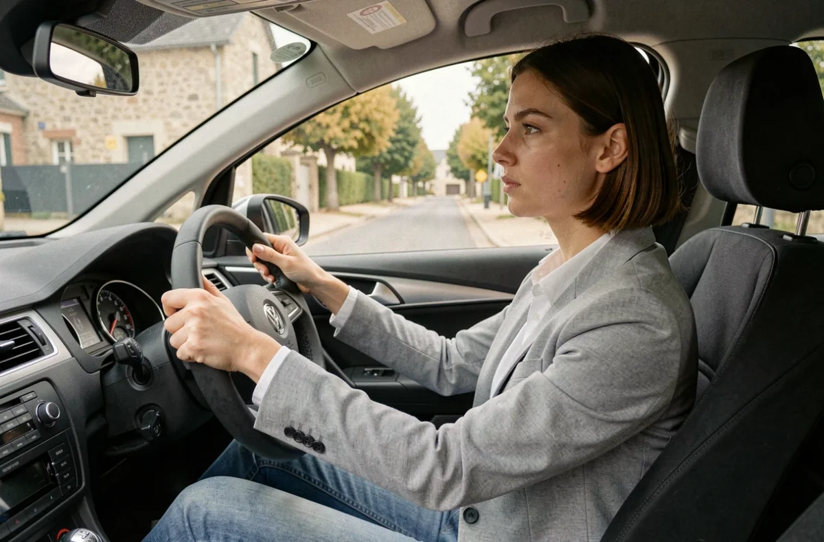Jeune femme au volant d'une voiture d'auto-école en France, mains sur le volant, regard concentré sur la route