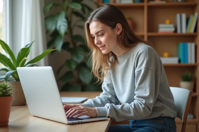 Jeune femme utilisant un ordinateur avec la page de connexion MyCamEduservices