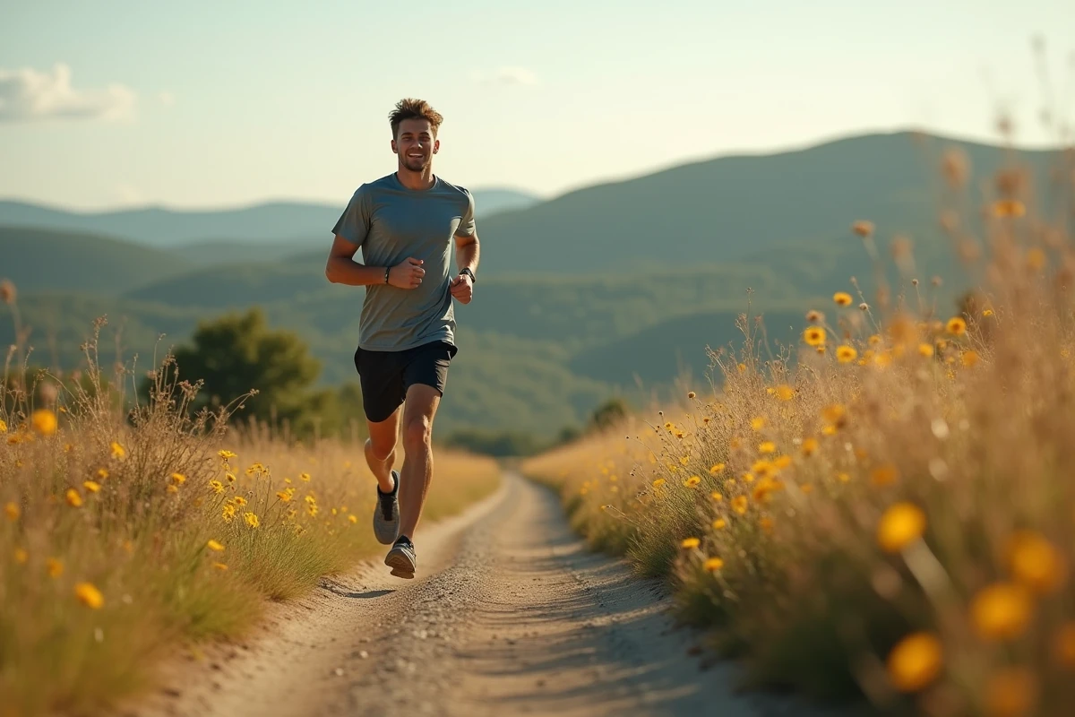 Jeune homme courant en pleine nature sur un sentier