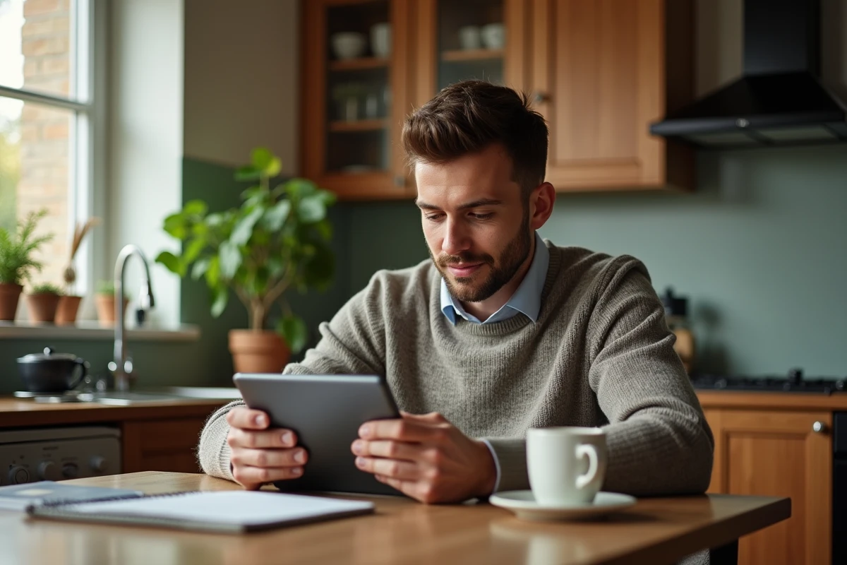 Jeune homme détendu regardant des avis sur une tablette à la maison