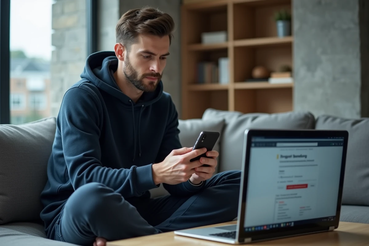 Jeune homme consultant son smartphone et son ordinateur pour trouver une solution à un problème de messagerie Wanadoo