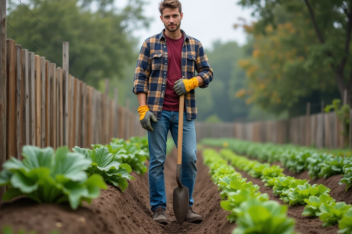 Jeune homme en jeans montrant une grelinette dans un jardin communautaire