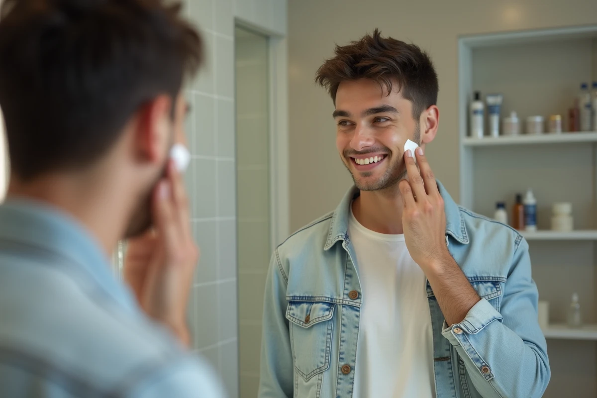Jeune homme souriant en regardant son reflet dans la salle de bain