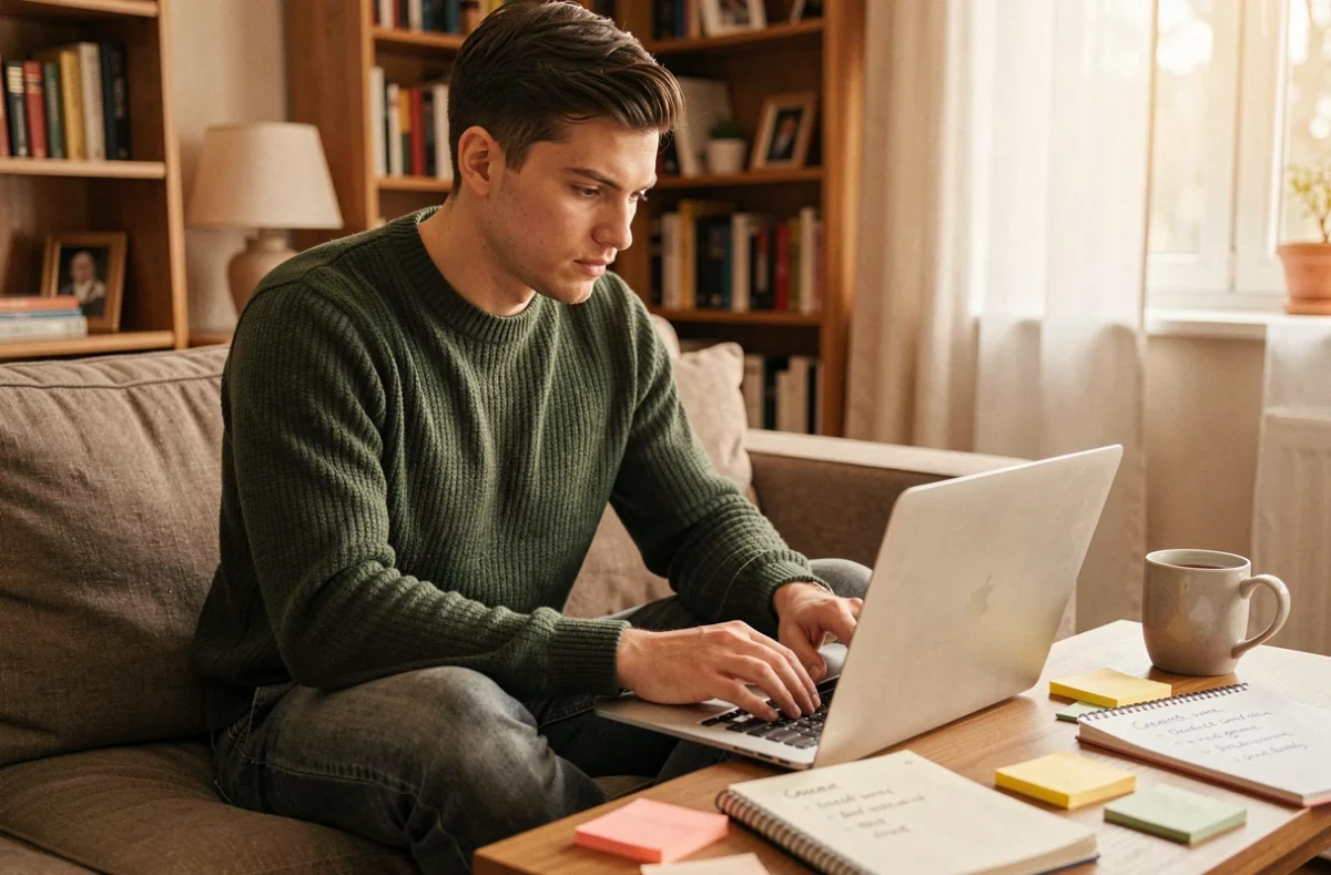Jeune homme recherchant activement un emploi sur son ordinateur portable depuis son bureau à domicile avec des notes de carrière