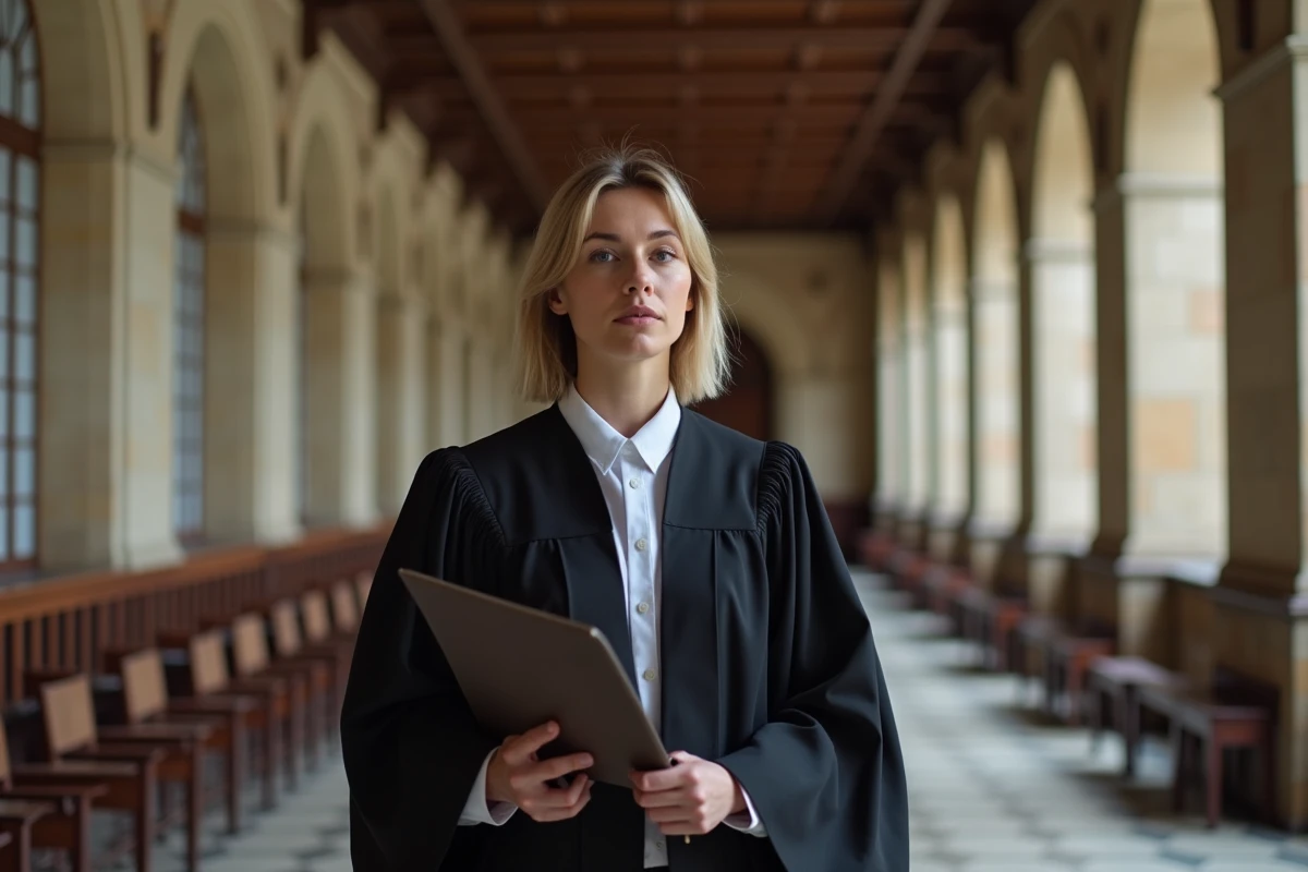 Magistrate en robe noire dans un couloir de palais de justice tenant un dossier de remise de peine
