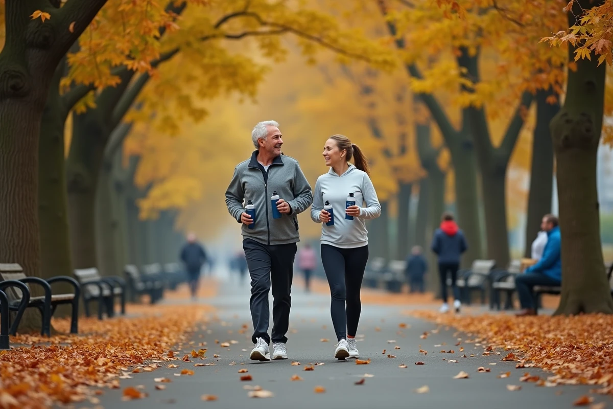 Couple de personnes d'âge mûr marchant dans un parc urbain en automne, symbolisant l'activité physique et la santé au quotidien