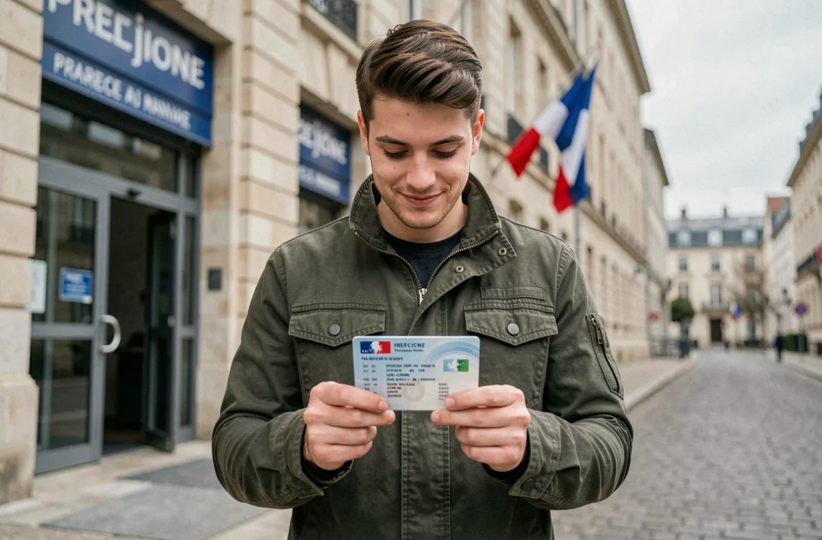 Jeune homme tenant son permis de conduire français devant une préfecture, souriant après l'obtention du permis