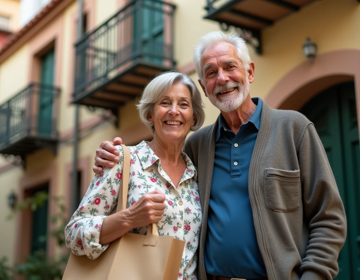 Couple de parents immigrés souriants devant un immeuble aux détails architecturaux méditerranéens