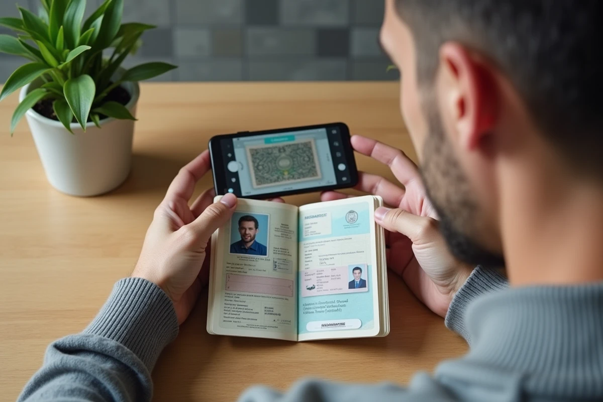Homme photographiant la page d'identité d'un passeport avec un smartphone posé sur une table en bois