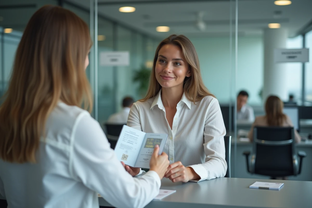 Femme présentant la page photo de son passeport à un guichet administratif pour vérification