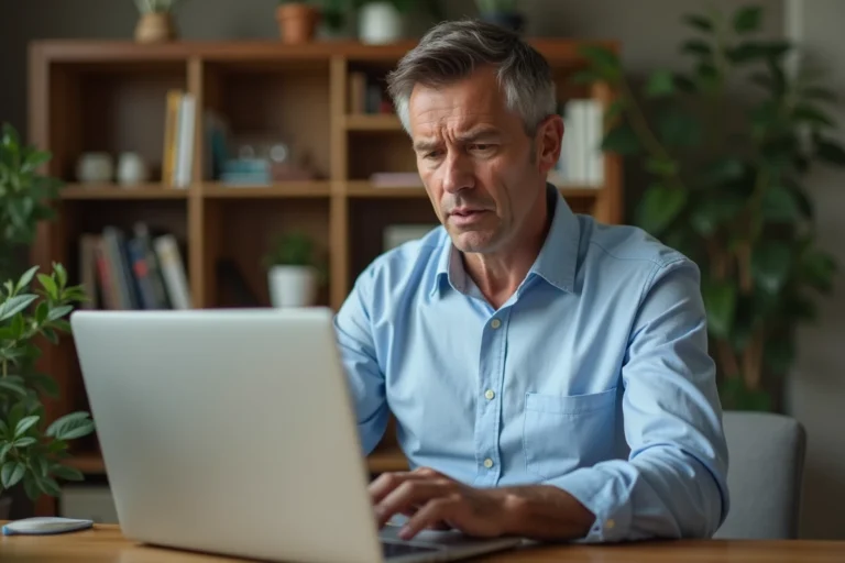 Homme d'une quarantaine d'années face à un message d'erreur sur son adresse mail Wanadoo depuis son bureau à domicile
