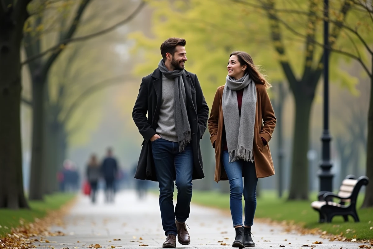 Homme et femme marchant dans parc urbain