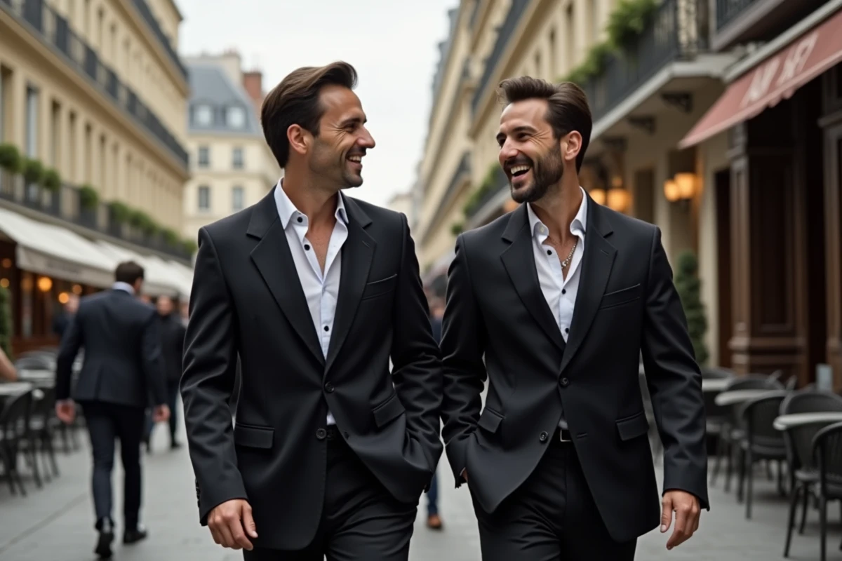 Deux hommes marchant dans une rue parisienne
