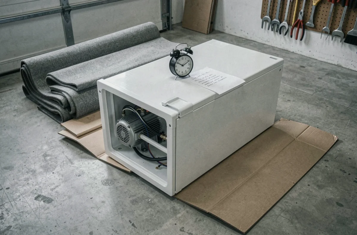 Réfrigérateur couché sur le côté dans un garage avec minuterie et note indiquant le temps d'attente avant rebranchement