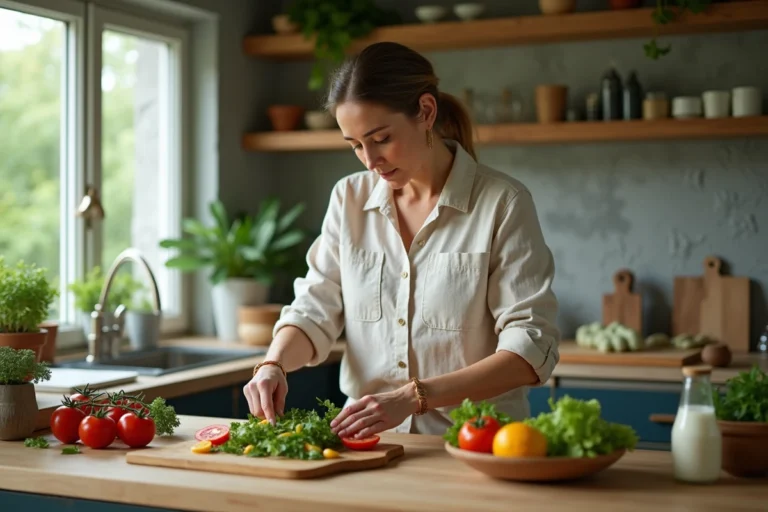 Femme préparant une salade verte dans une cuisine moderne