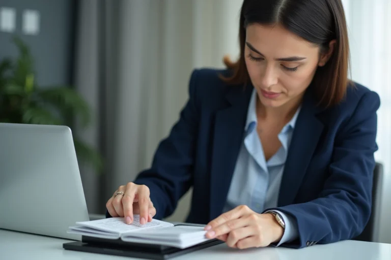 Femme scannant la page principale d'un passeport sur un scanner de bureau pour une démarche administrative