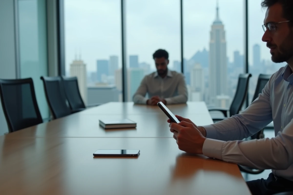 Enregistrement d'une réunion professionnelle avec un smartphone posé sur une table de conférence