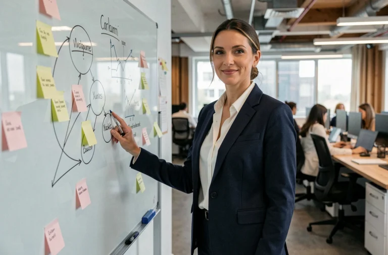 Femme d'affaires confiante présentant une stratégie d'entreprise sur un tableau de verre dans un bureau moderne
