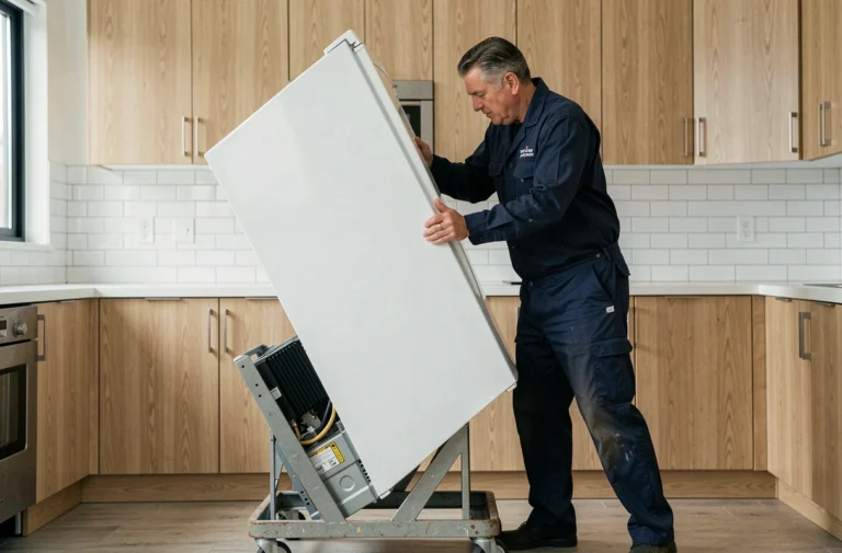 Technicien inclinant un réfrigérateur sur un diable de déménagement dans une cuisine moderne, illustrant le transport couché d'un frigo