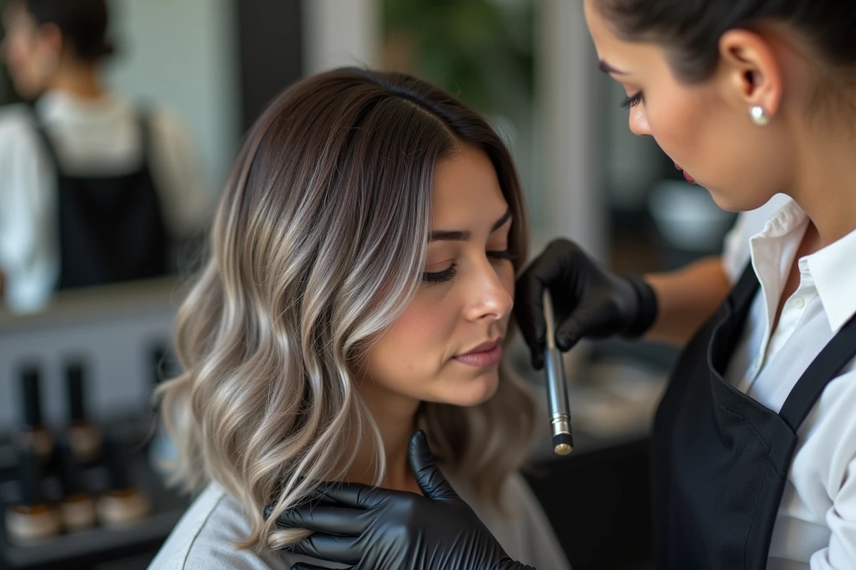 Colorist, der die Technik des Grey Blendings auf den dunklen Haaren einer Kundin im Salon anwendet, Balayage-Technik für den Übergang zu weißen Haaren