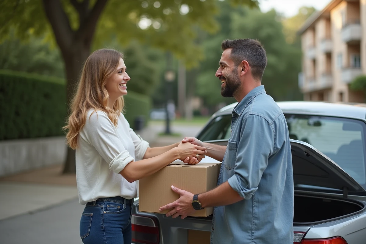 Transaction entre particuliers après une petite annonce en ligne, deux personnes échangeant des objets d'occasion, alternative à Wannonce et Vivastreet