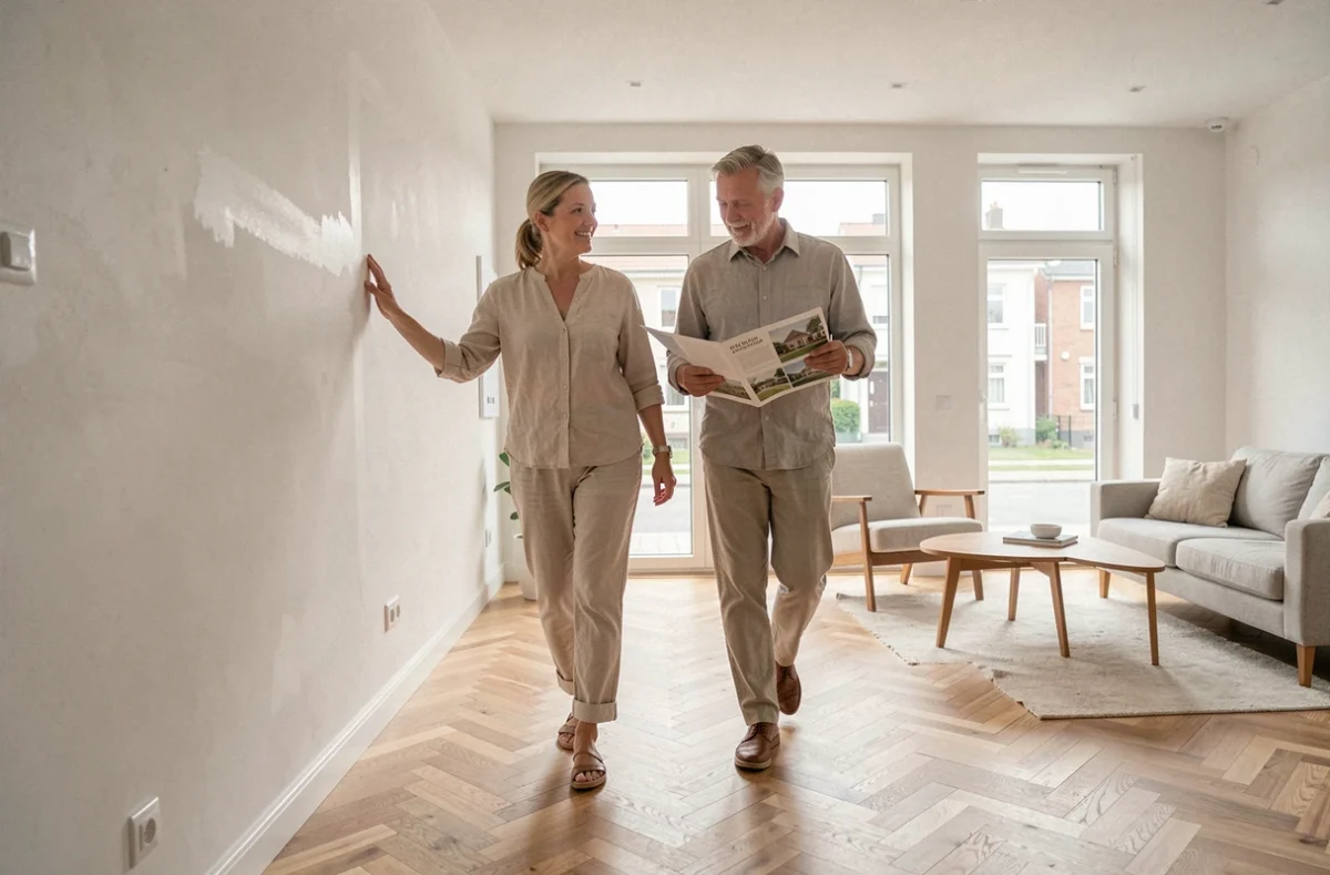 Couple visitant un appartement rénové à vendre, examinant les détails architecturaux lors d'une visite immobilière