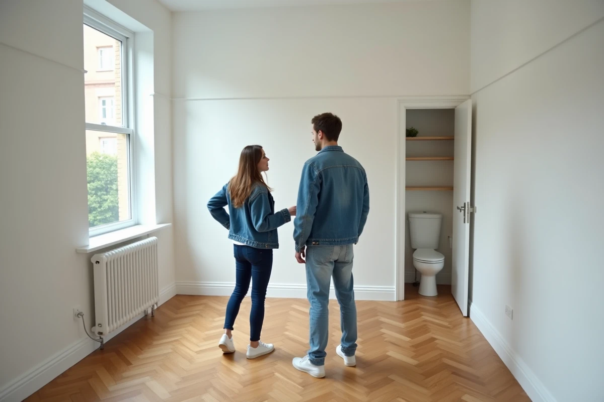 Deux étudiants visitant un studio vide et lumineux lors d'une visite immobilière à La Roche-sur-Yon